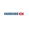 nordsee logo: maritimes wortzeichen mit rotem fisch