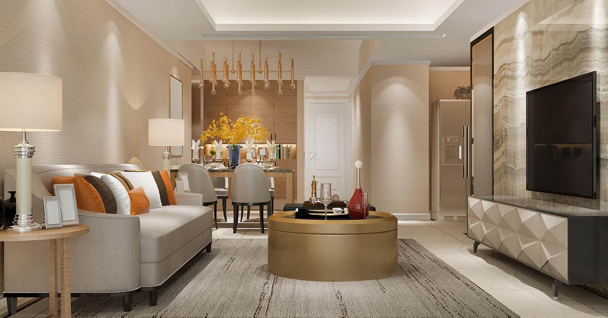 contemporary open plan living and dining with gold accents