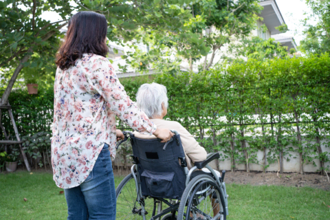 aidant et personne Âgée en fauteuil roulant au jardin