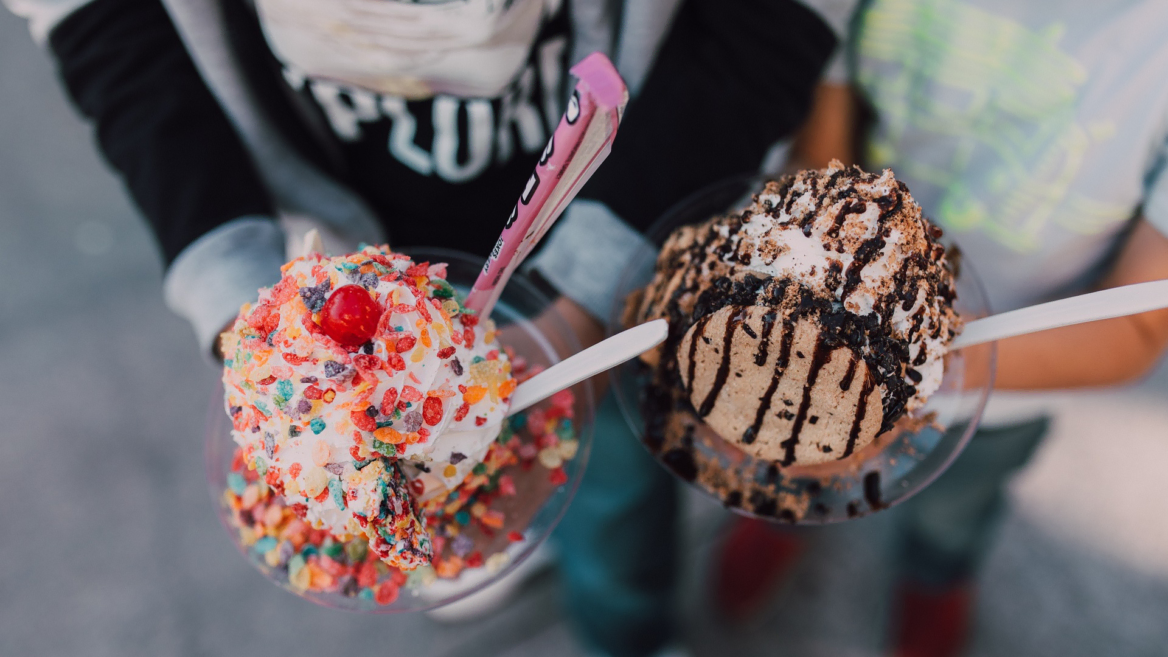two gourmet sundaes: cereal crunch and chocolate