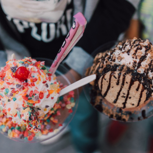 two gourmet sundaes: cereal crunch and chocolate