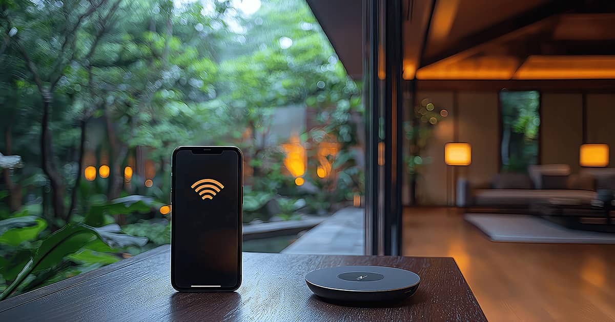 smartphone with glowing wi‑fi in modern home