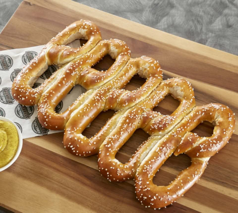 artisanal soft pretzels with grainy mustard dip