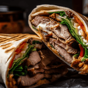 wrap de carne asada con verduras crujientes