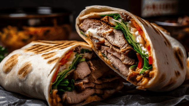 wrap de carne asada con verduras crujientes