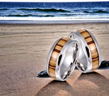 fedi nuziali in legno e metallo sulla spiaggia