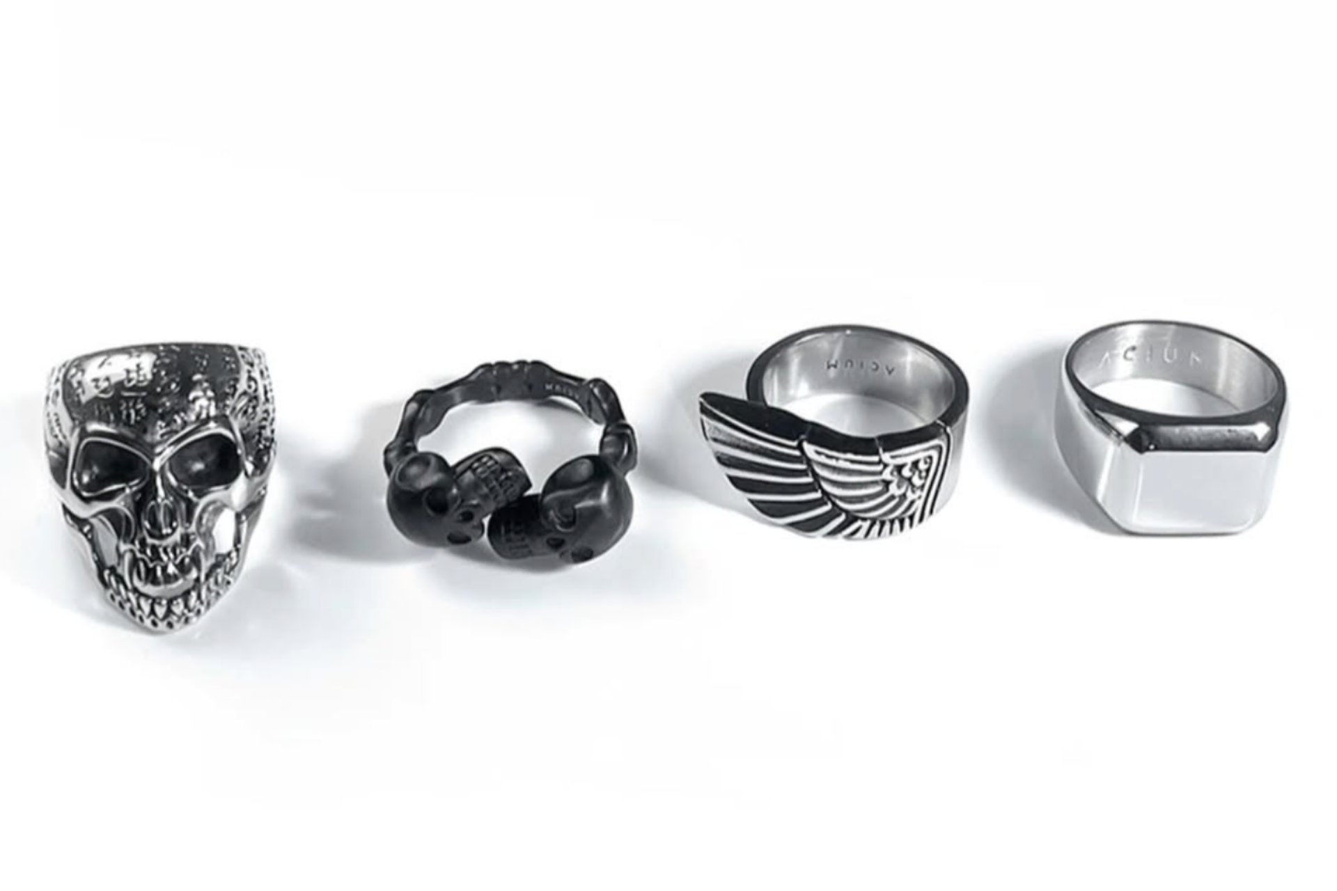 anillos de calavera y sello en plata y negro