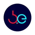 navy circle logo: crimson b & cyan e monogram
