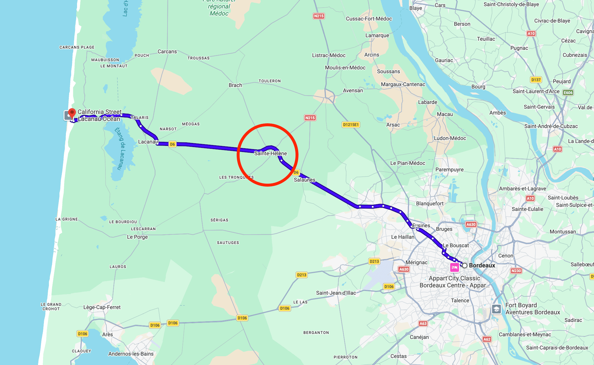 bordeaux à lacanau‑océan par d6, jonction sainte‑hélène