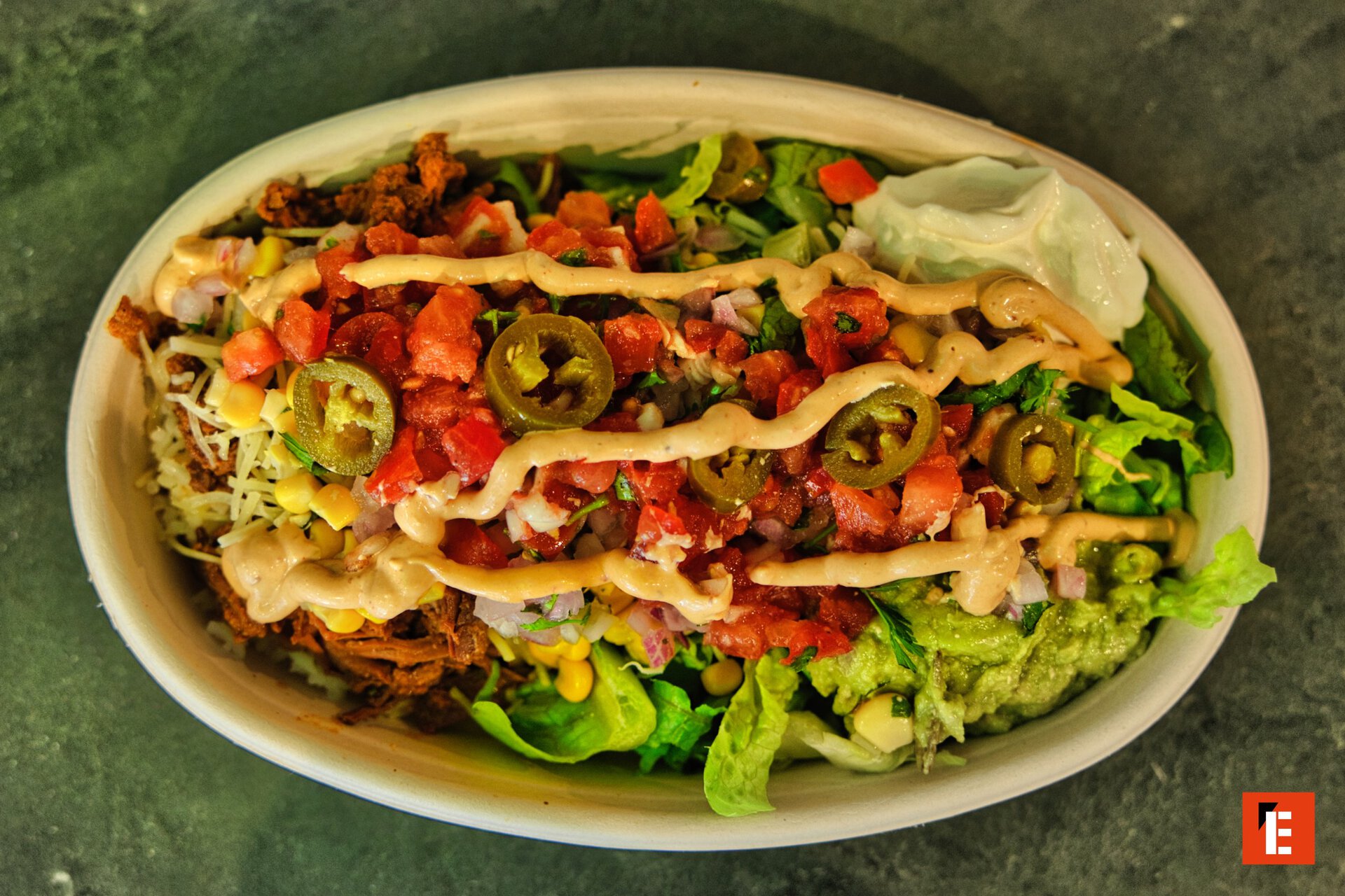 fresh burrito bowl with pico, guacamole & corn