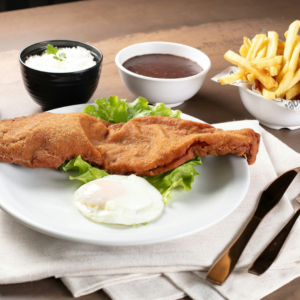 crispy breaded fish with fried egg, fries & rice
