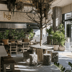café urbano botánico con luz natural