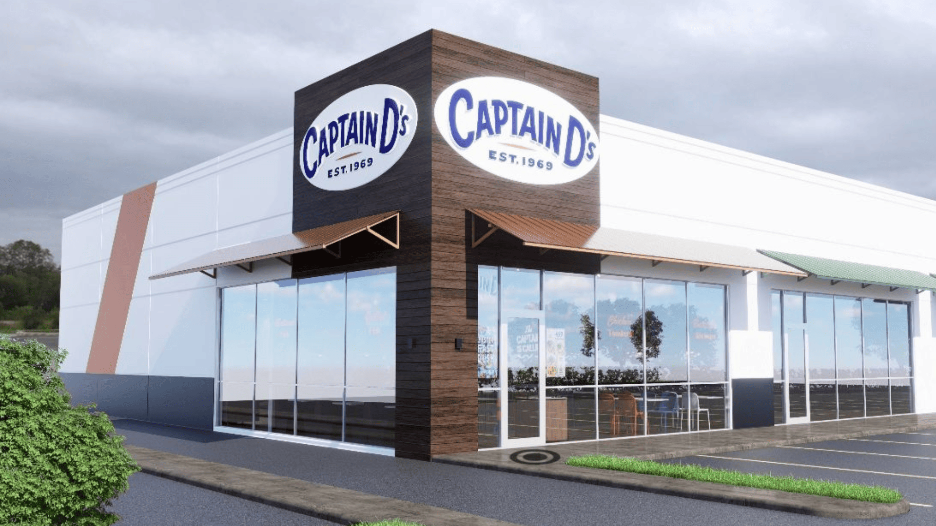 fachada exterior de captain d’s con torre y ventanales