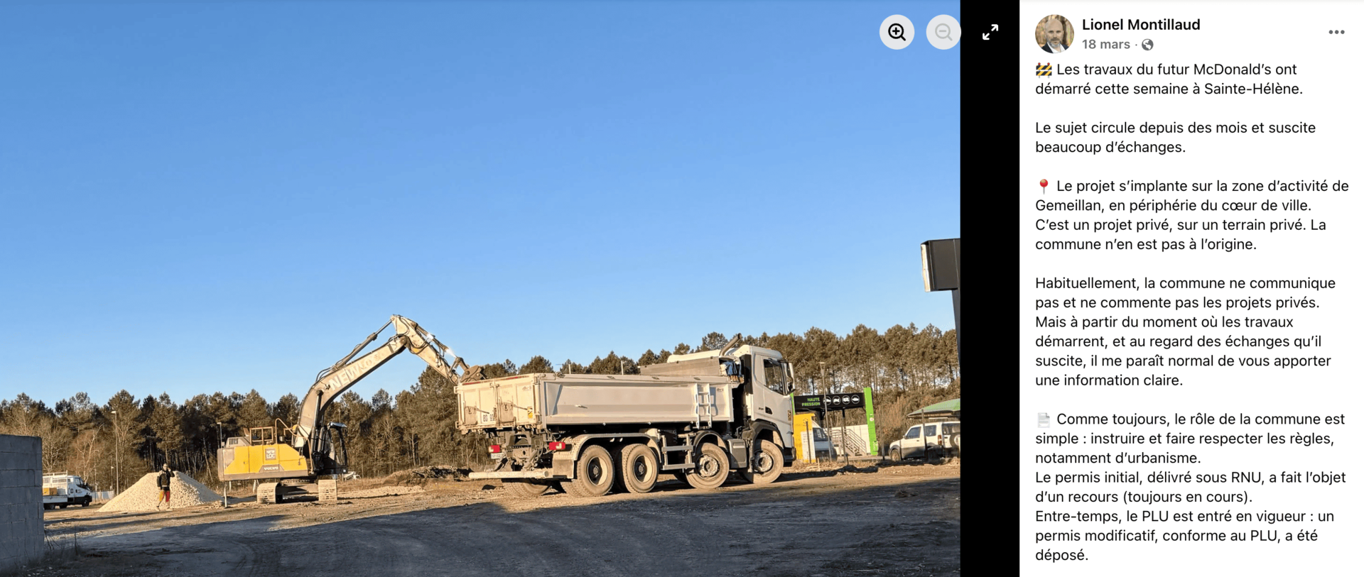 chantier mcdonalds : pelleteuse charge camion benne