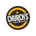 logotipo circular de church’s texas chicken negro y amarillo