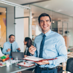 confident team leader presenting in modern office