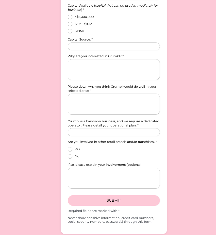 solicitud de franquicia crumbl — capital y plan operativo