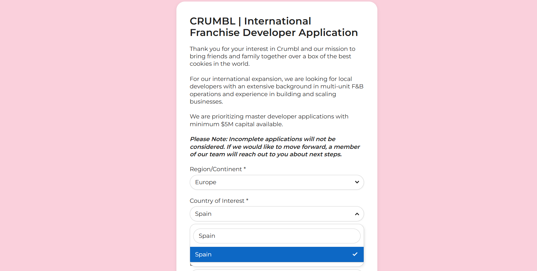 solicitud de franquicia internacional crumbl para españa