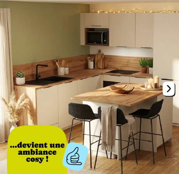 cuisine compacte en l avec Îlot bois cosy