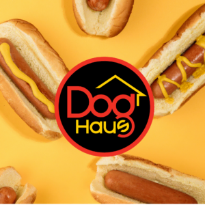 dog haus hot dogs yellow flatlay with logo