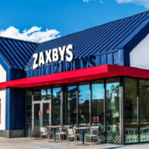 zaxbys restaurant exterior with blue roof and patio