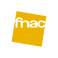logo fnac jaune incliné, lettrage blanc arrondi