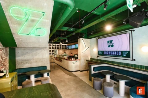 emerald neon fast casual restaurant interior