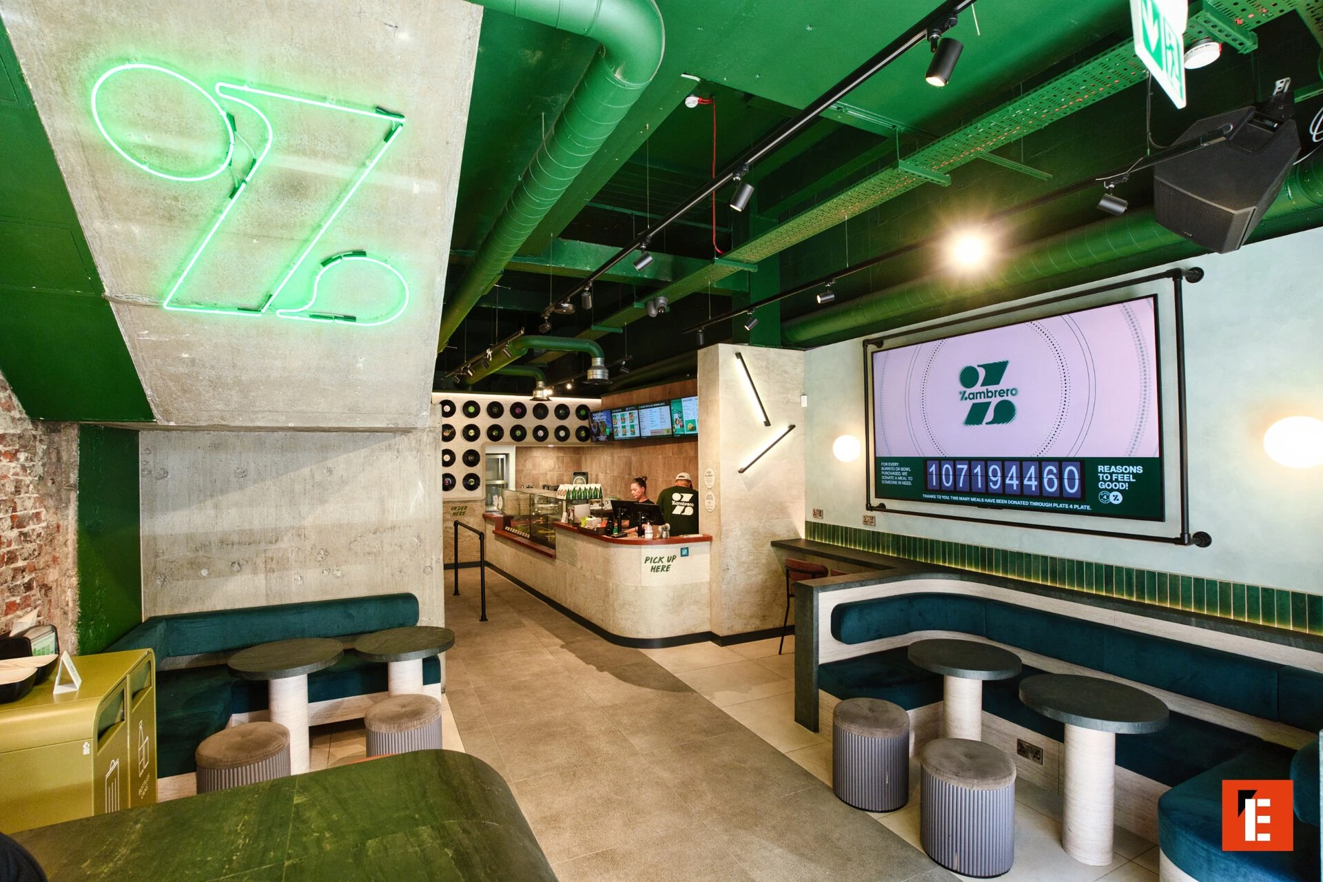emerald neon fast casual restaurant interior