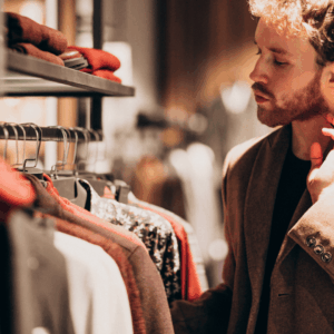 hombre elegante elige abrigo en boutique cálida