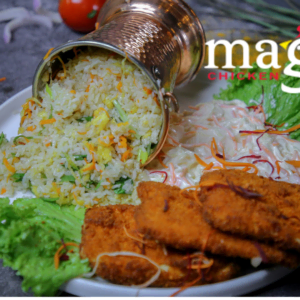 crispy chicken tenders with vegetable fried rice