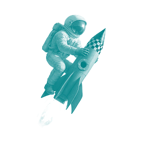 astronaut riding retro rocket — whimsical space adventure