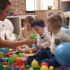 caregiver and toddlers playing in colorful daycare playroom