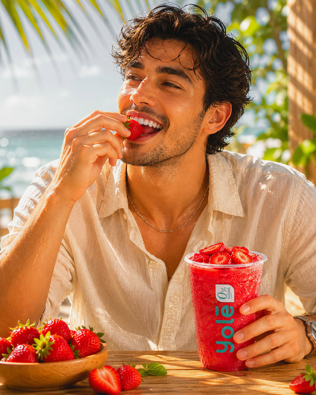 joven disfrutando fresas y batido en la playa