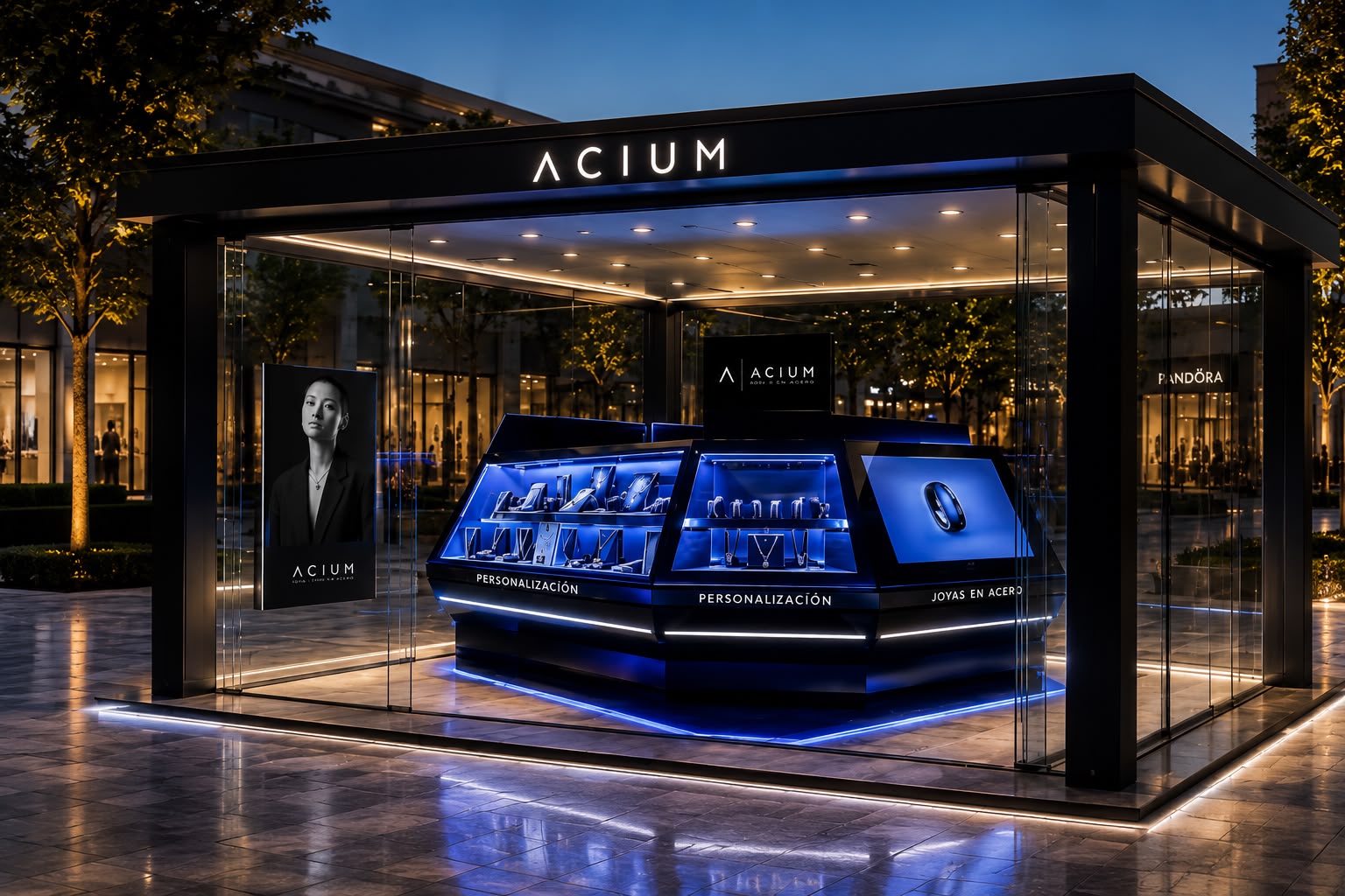kiosco joyería acium minimalista con iluminación azul