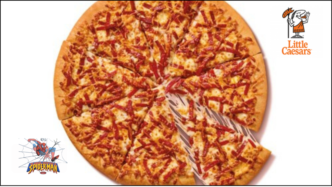 little caesars spider man pizza slice with gooey cheese