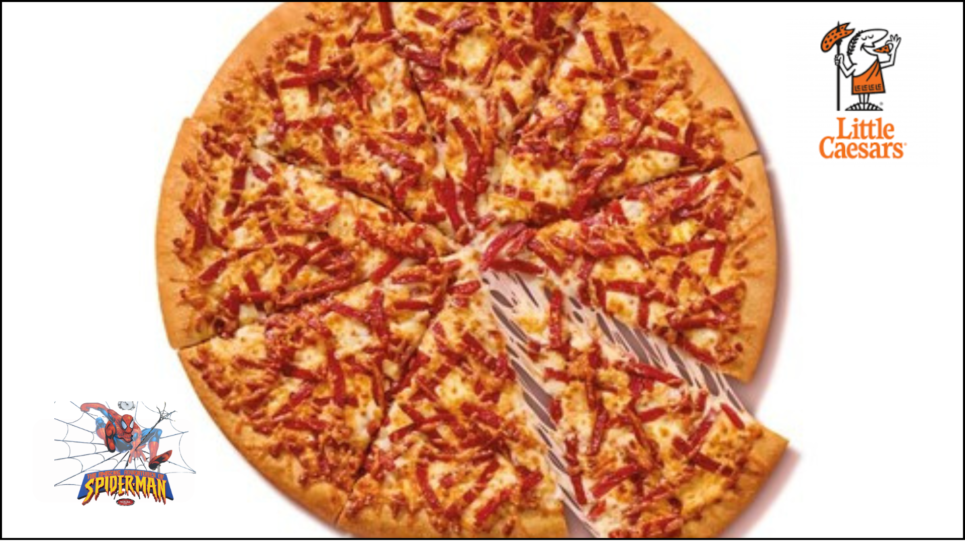 little caesars spider man pizza slice with gooey cheese