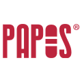 logotipo rojo «papes» registrado, tipografía geométrica