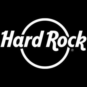logotipo hard rock blanco con círculo interrumpido