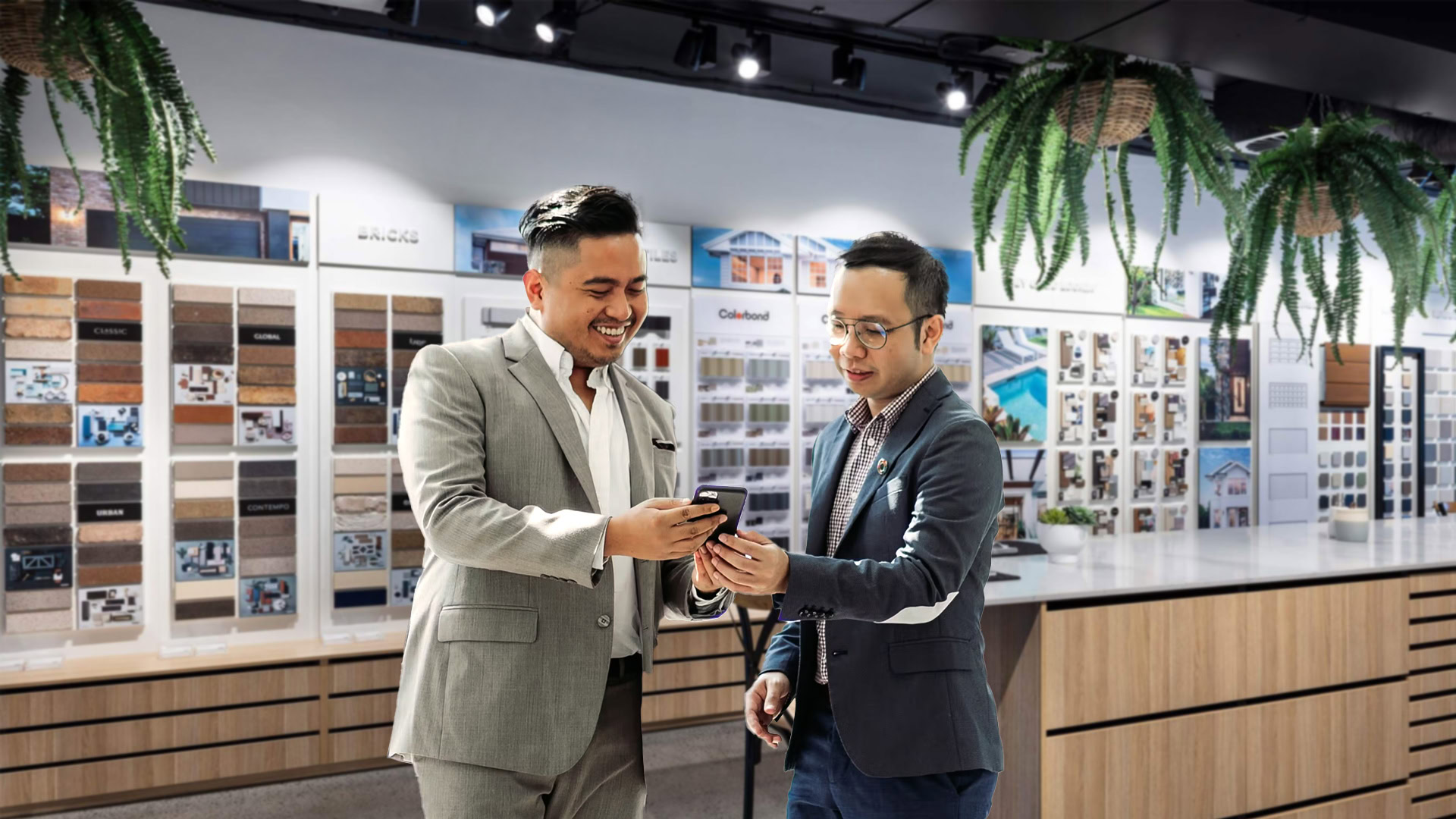 design showroom: two men reviewing material samples