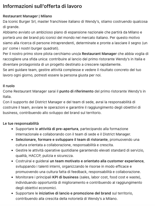 responsabile di ristorante – apertura wendys milano
