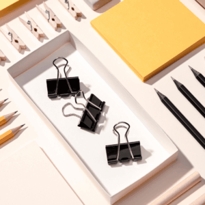 papelería minimalista: lápices, clips y notas ordenadas