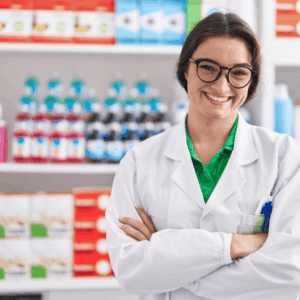 personal de farmacia sonriente ante estanterías