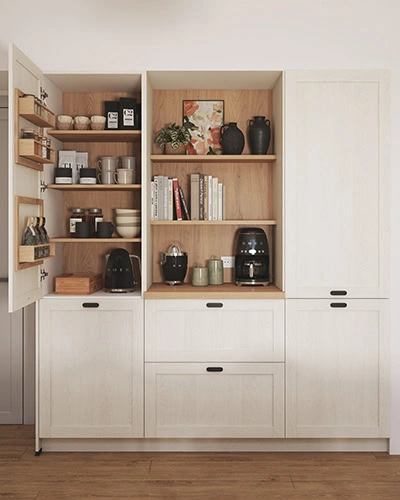 placard de cuisine organisé avec station café et vaisselle