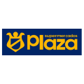 logo plaza supermercados: emblema humano dorado sobre azul