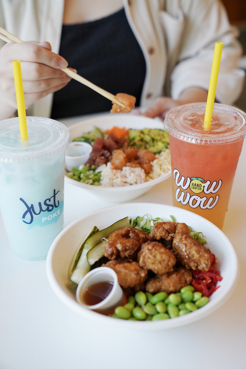 vibrant poke bowl lunch with salmon and crispy chicken