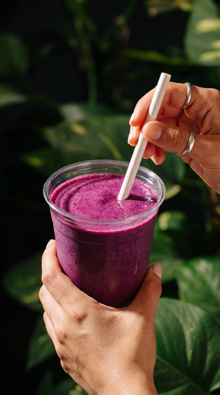 refreshing purple berry smoothie hand held with paper straw