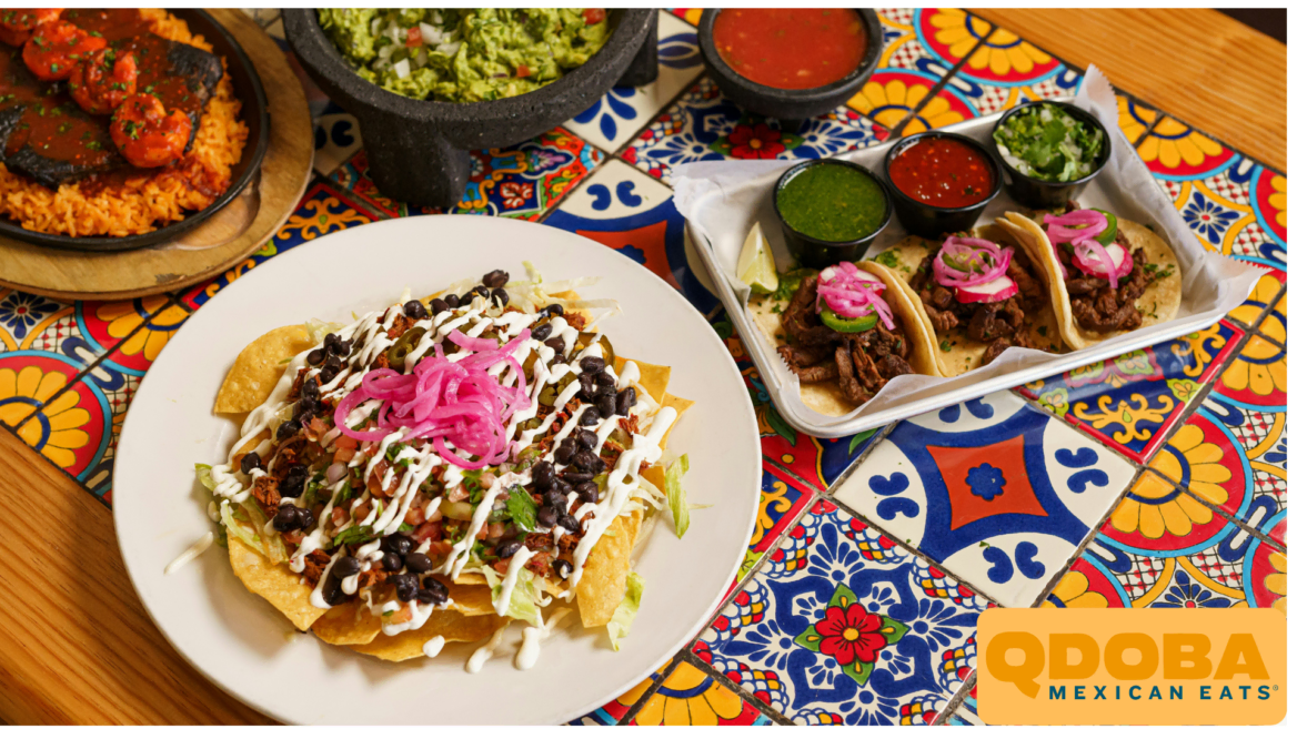 qdoba nachos, steak tacos and guacamole feast