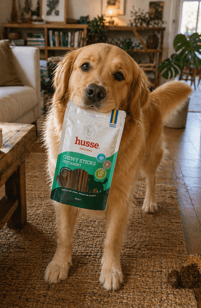 golden retriever avec husse chewy sticks dentamint