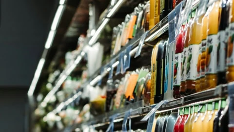 scaffali di bottiglie colorate al supermercato