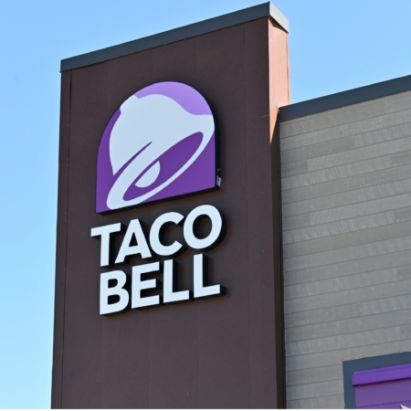 taco bell storefront with purple bell logo